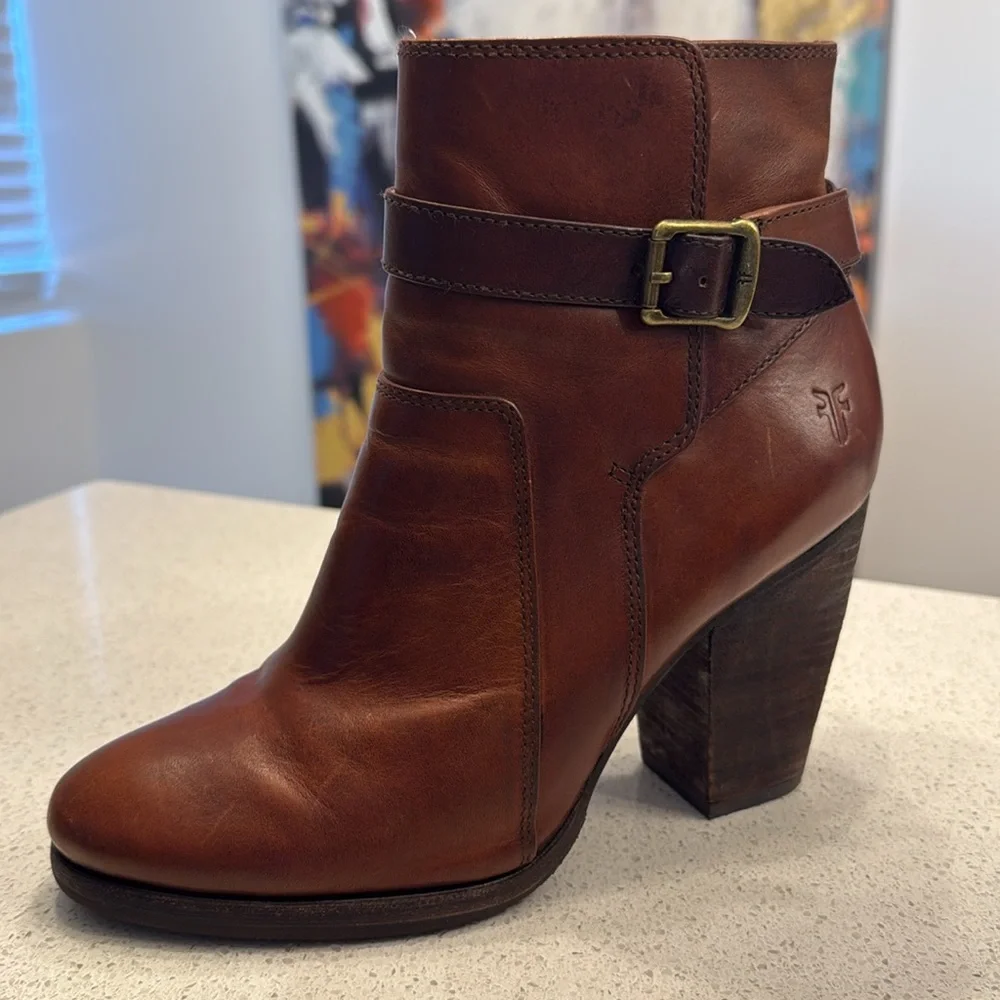 FRYE Patty Riding Bootie Redwood Leather High Heel Boots 7.5 - Picture 9 of 16